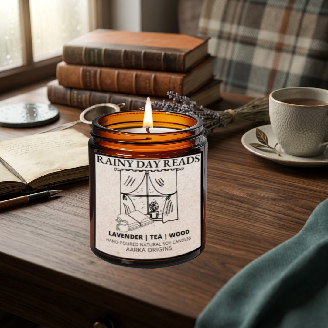 Rainy Day Reads soy candle by Aarka Origins with lavender, tea, and wood notes, a rainy day and petrichor-inspired candle for atmospheric reading
