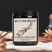 Butter Brew Soy Candle. Summon the magic of wizard drinks with the Butter Brew soy candle with scent notes of butterscotch, caramel, and vanilla. This cozy, nostalgic fragrance will transport you to a world of wonder and imagination. Experience the perfect candle for fantasy and literature lovers.  handmade luxury scented candles made with natural soy wax and phthalate-free scents.