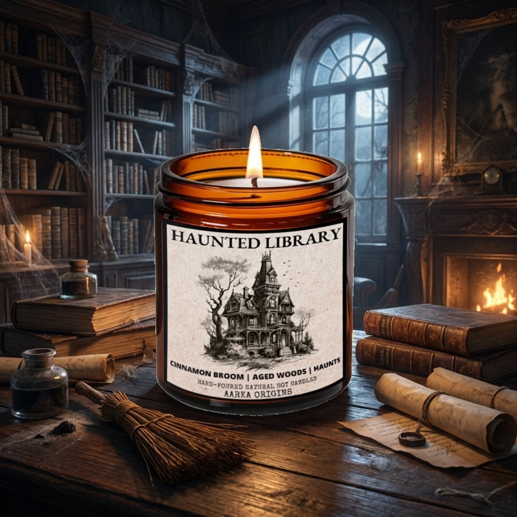Haunted Library soy candle by Aarka Origins with cinnamon broom and aged wood notes, a gothic dark academia candle for Halloween and horror readers