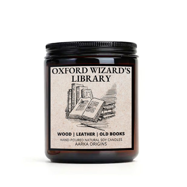 Oxford Wizard's Library soy candle β wood, leather and old books scent by Aarka Origins