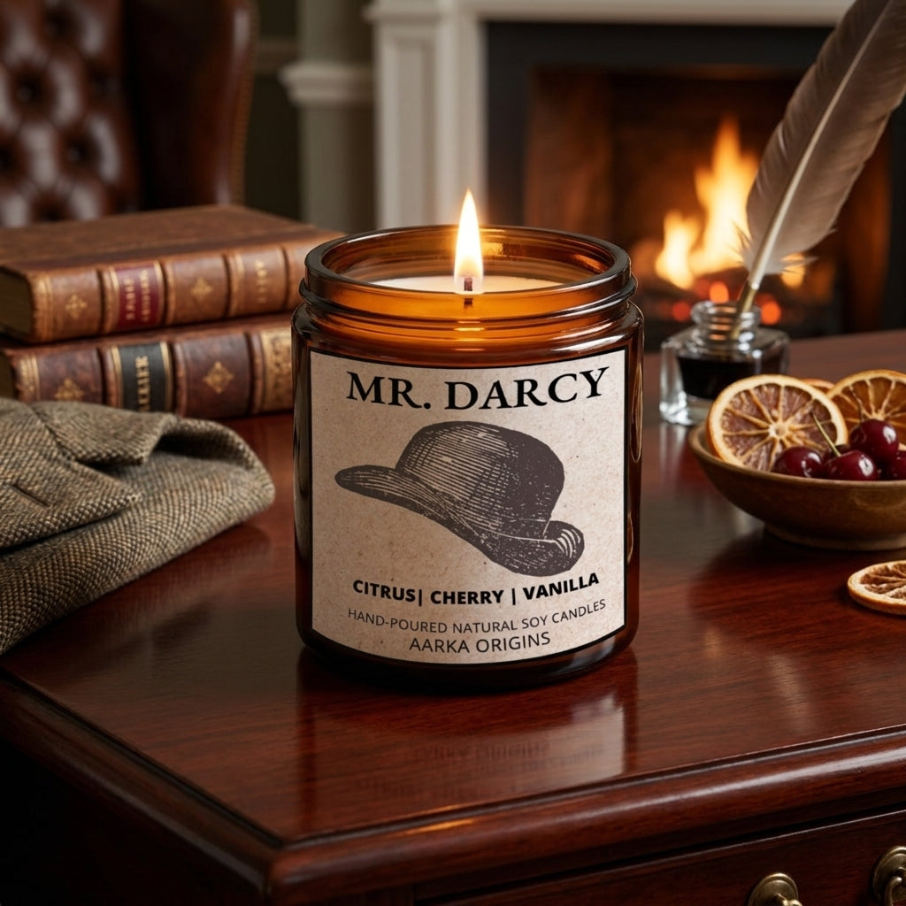 Mr. Darcy soy candle by Aarka Origins, a Pride and Prejudice bookish candle with citrus, cherry blossom, and vanilla notes for Jane Austen and romance readers