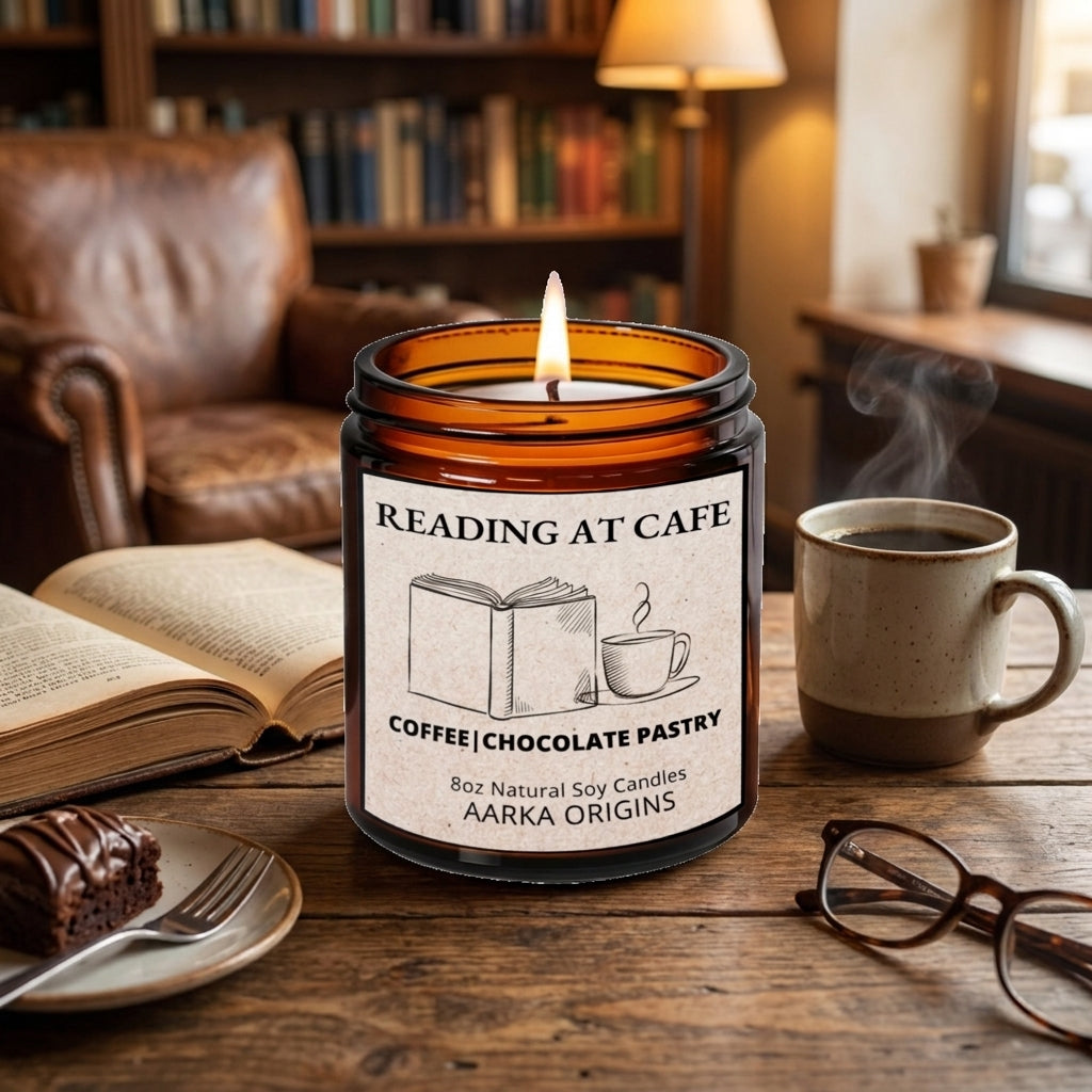Reading at the Cafe soy candle by Aarka Origins with fresh coffee, chocolate pastry, and warm sugar notes, a cafe candle for reading nooks and book lovers