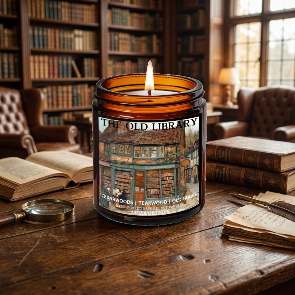 The Old Library soy candle by Aarka Origins, scent notes cedarwood teakwood and old books, a candle that smells like old books for dark academia readers