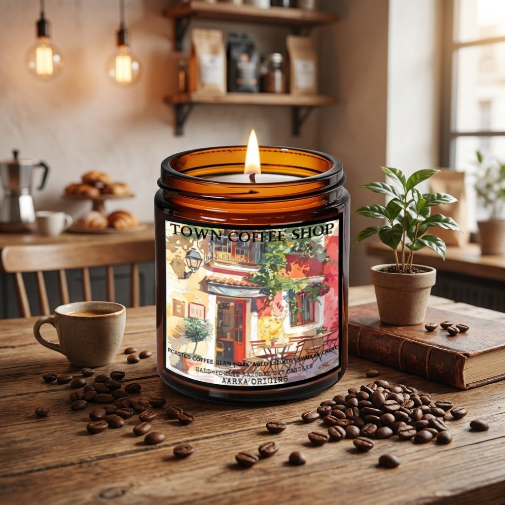 Town Coffee Shop boozy coffee candle by Aarka Origins with coffee, aged liquor and vanilla creme notes