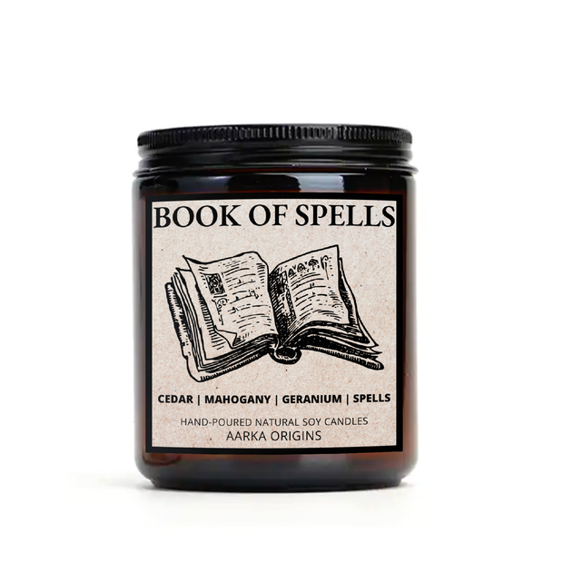 cedar mahogany geranium scented soy candle , Book Lover Candle︱Book Candle Scent︱Book Inspired Candle︱Literary Candle︱Soy Candle︱Book Lover Gift | Wax Melt︱Book Candle Scent, AARKA ORIGINS CANDLES Book Of Spells Soy Candle, Halloween Gifts, Spooky Decor, Creepy Candle, Fall Candle, Halloween Decor, spooky, gothic, Autumn