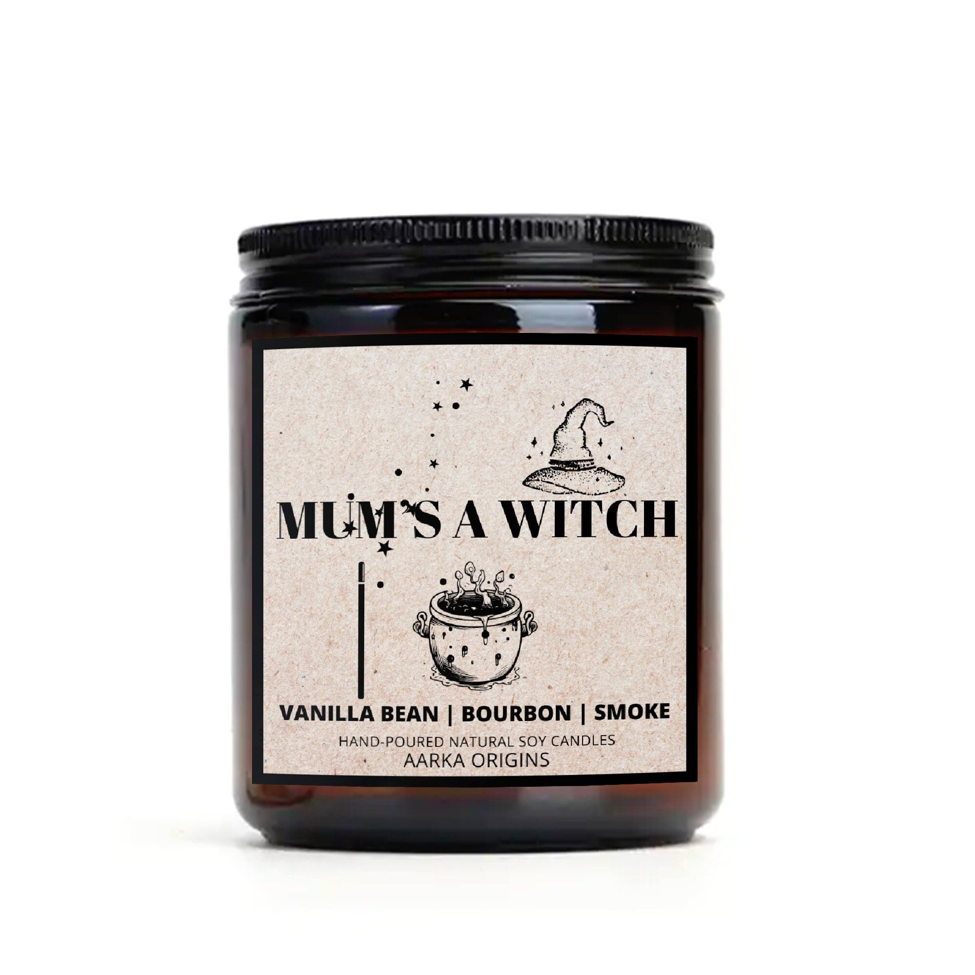 Mum's a Witch smoky vanilla bourbon candle by Aarka Origins with vanilla bean, bourbon and smoke notes
