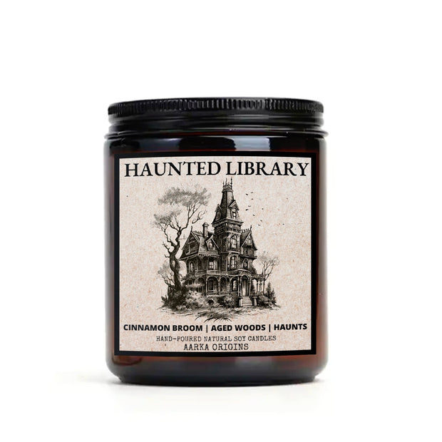 Haunted Library soy candle β cinnamon broom and aged woods spooky bookish scent by Aarka Origins