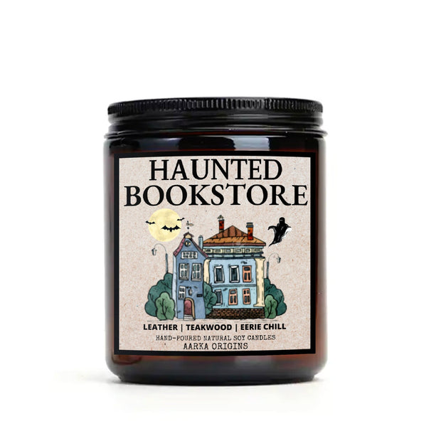 Haunted Bookstore soy candle β leather, teakwood and eerie chills scent by Aarka Origins