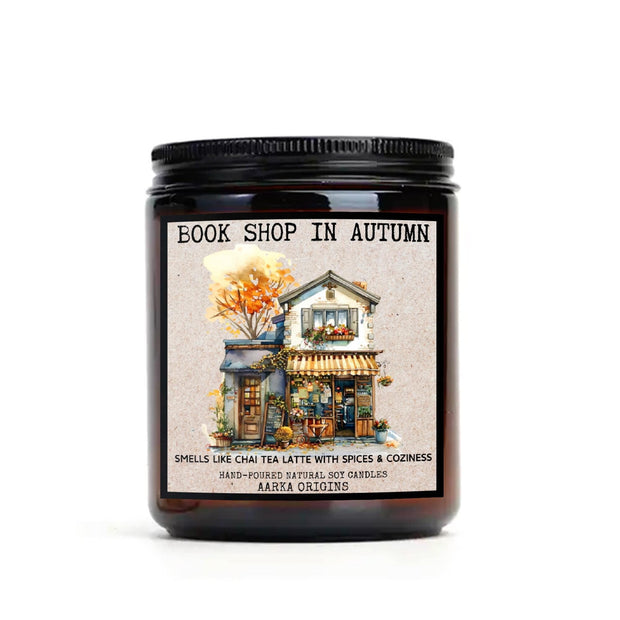 Book Shop in Autumn soy candle β chai tea latte and cozy spices scent by Aarka Origins