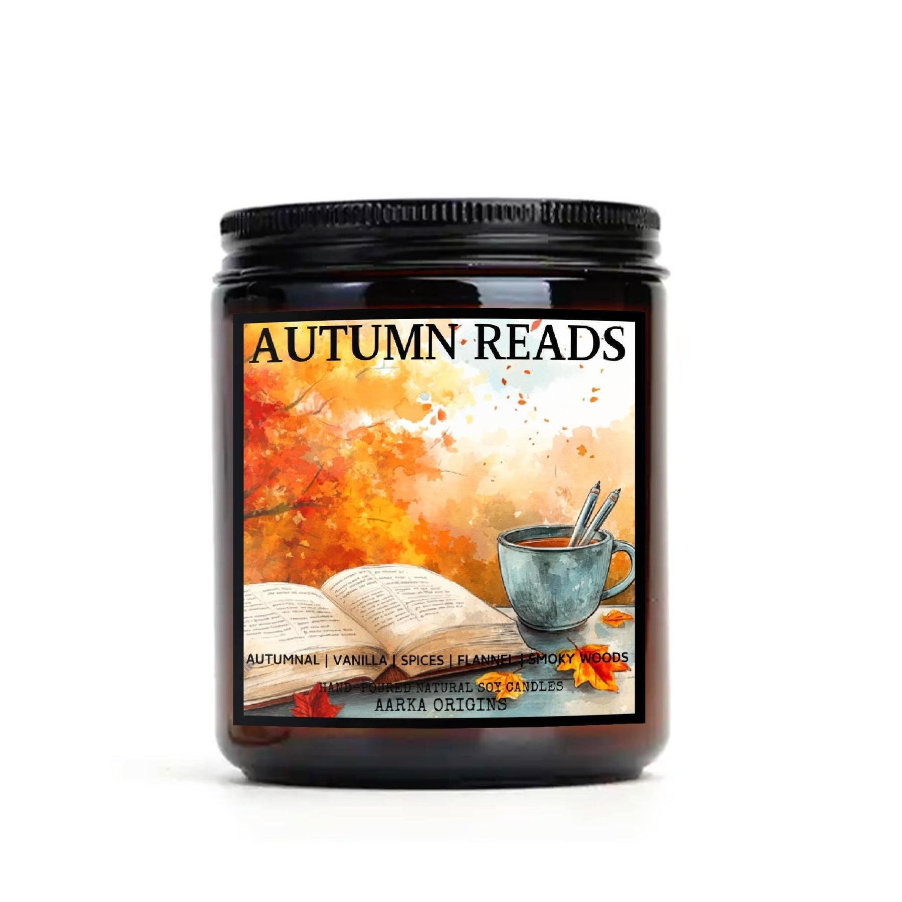 Autumn Reads soy candle — Vanilla, spices, flannel — hand-poured fall bookish candle by Aarka Origins