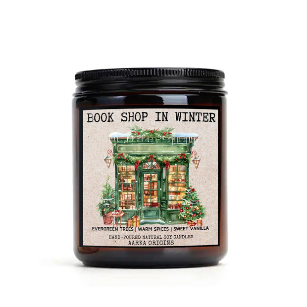 Book shop in winter Soy Candle, handmade luxury scented candles made with natural soy wax and phthalate-free scents