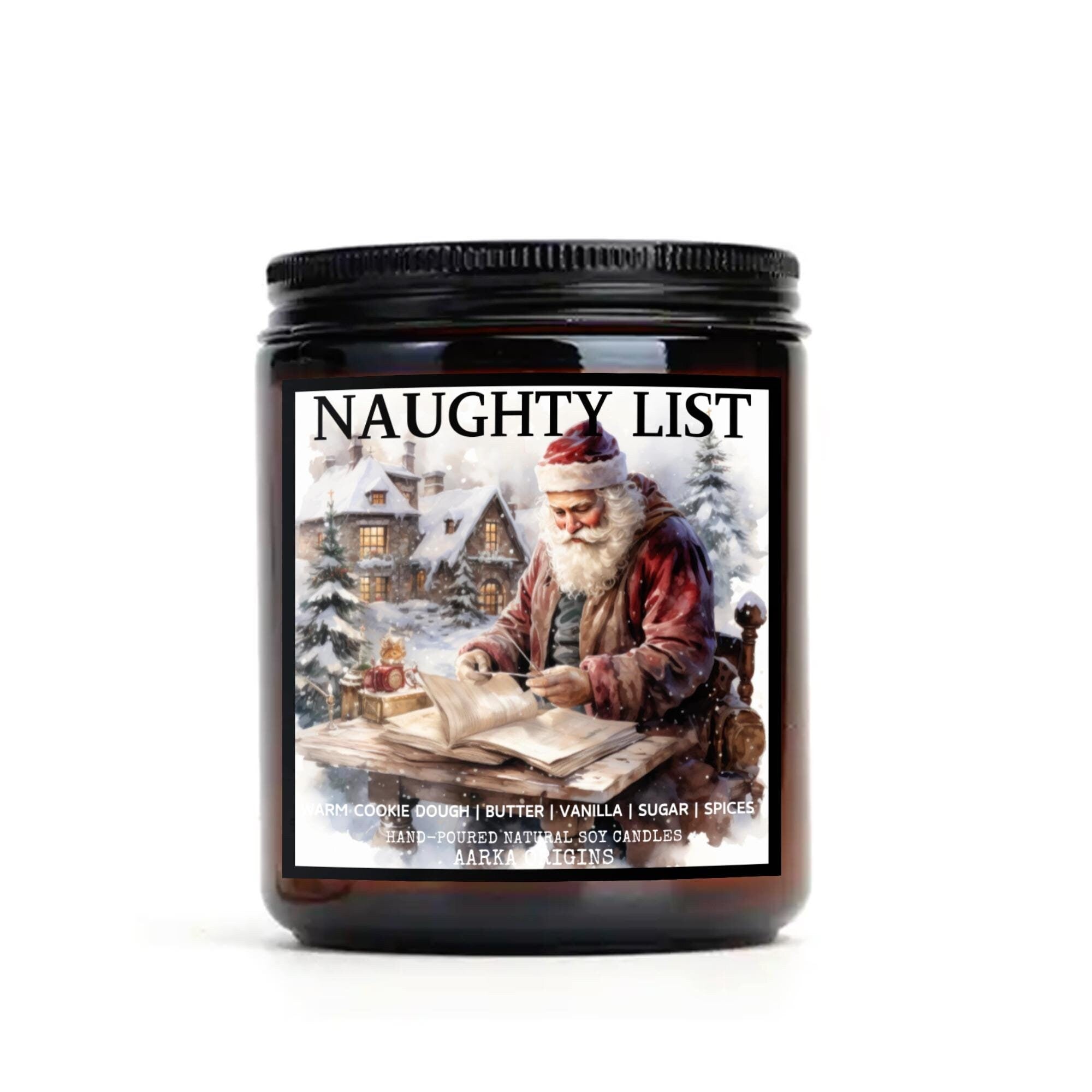 Naughty List soy candle by Aarka Origins Naughty List cookie dough candle by Aarka Origins with cookie dough, butter, vanilla and spice notes for winter