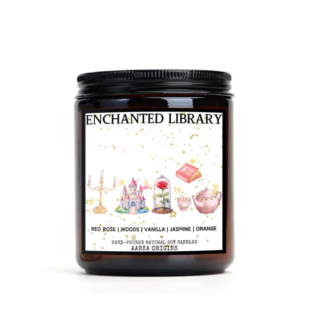 Enchanted Library soy candle β red rose, woods, vanilla and jasmine scent by Aarka Origins