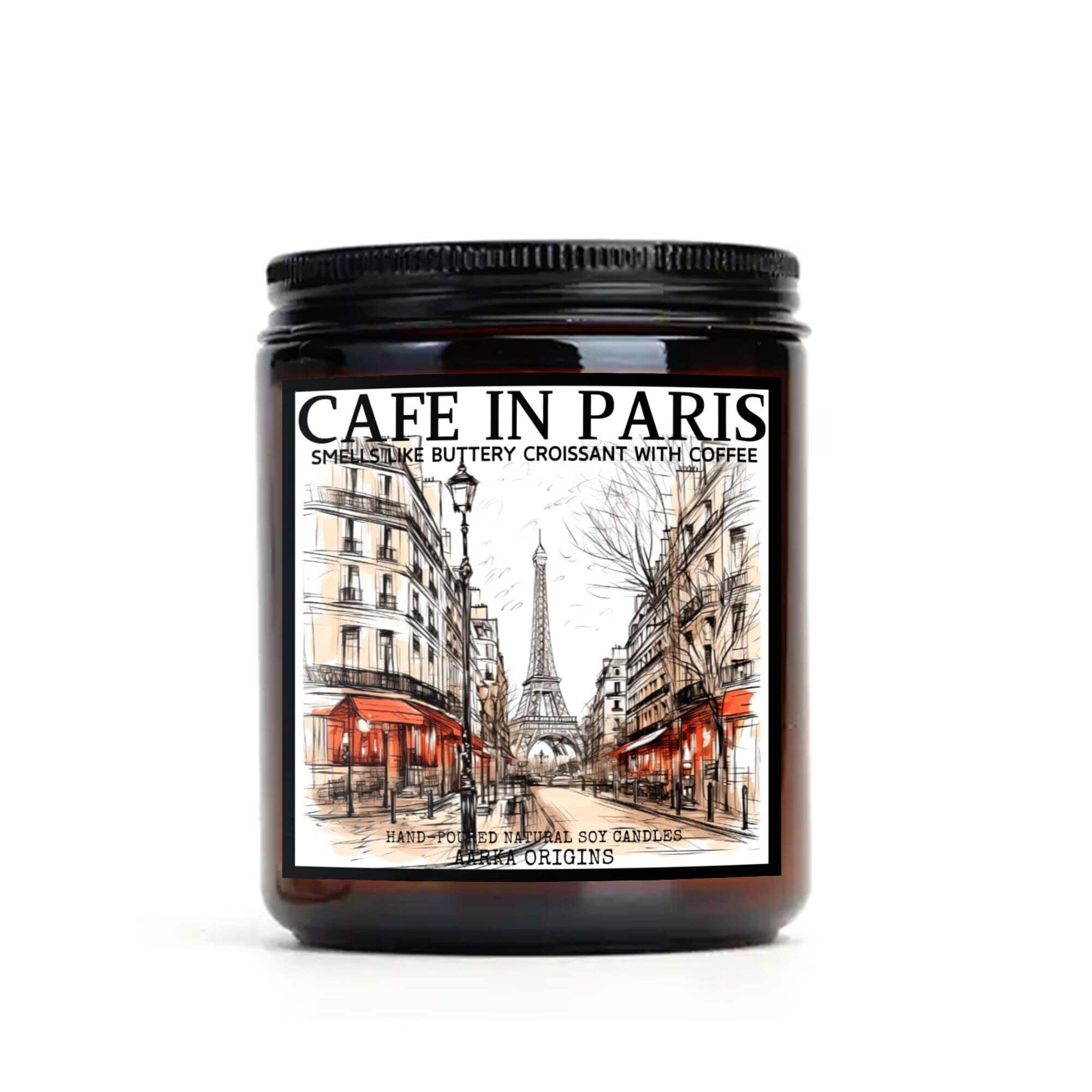 Cafe in Paris croissant candle by Aarka Origins, a realistic pastry soy candle with buttery croissant, fresh coffee and warm butter notes