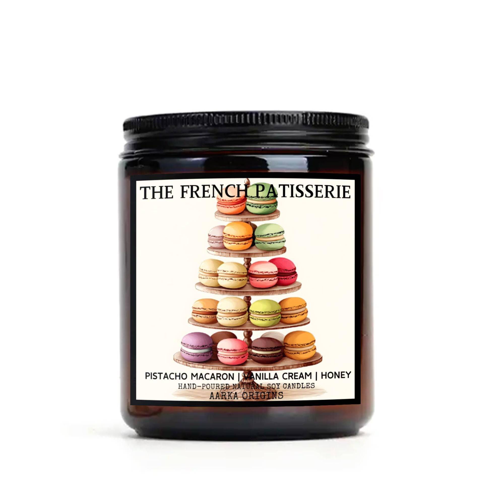 The French Patisserie pistachio macaron candle by Aarka Origins with pistachio, vanilla and honey notes in 100% soy wax