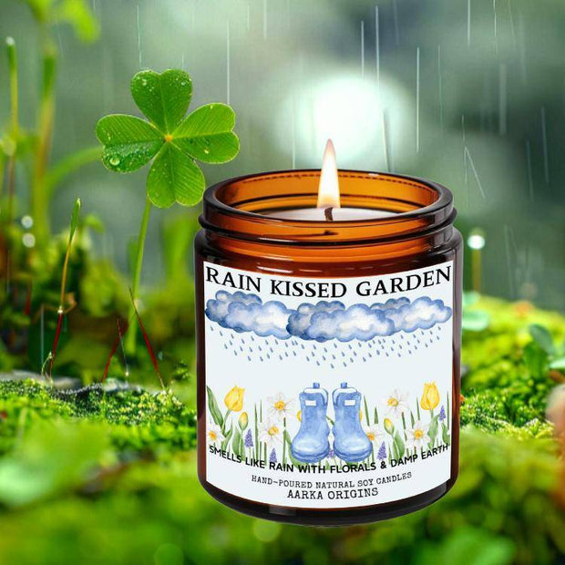 Rain Kissed Garden soy candle β rain, florals and damp earth petrichor scent by Aarka Origins