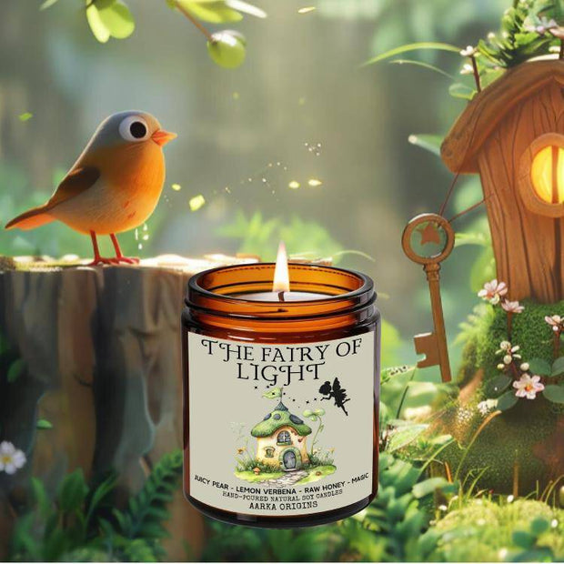 The Fairy of Light soy candle β pear, lemon verbena and raw honey fantasy scent by Aarka Origins