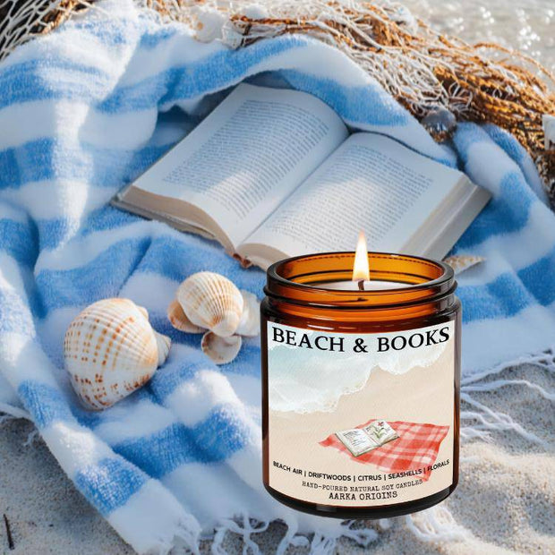 Beach and Books soy candle β sea salt, ocean air and wild breeze summer scent by Aarka Origins