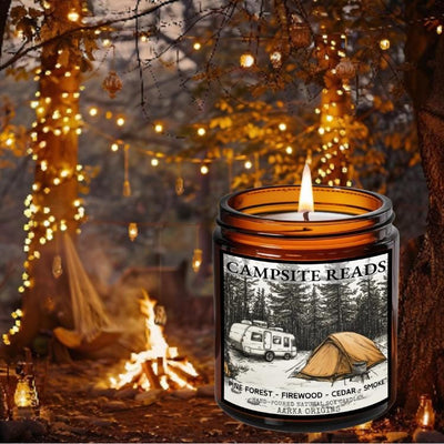 Campsite Reads Soy Candle with rich scent notes of Pine, Firewood & Cedar Hand-poured in the USA with natural soy wax and phthalate-free, luxury fragrances.