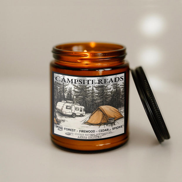Campsite Reads Soy Candle, Bookish candle, Gift for Readers, Crackling Campfire Gaming Candle, Geek Gift, RPG, Gamer, DND, Camping, Fire