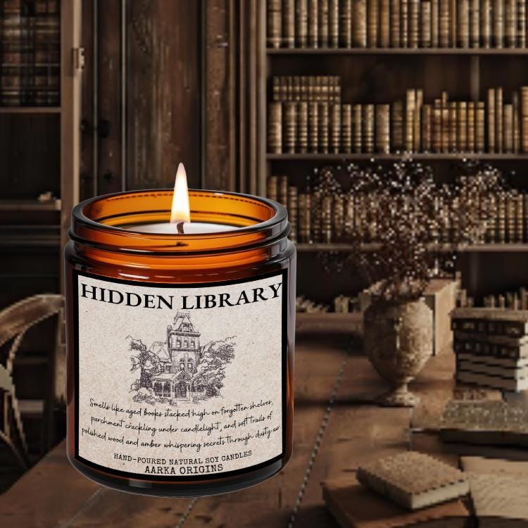 Hidden Library soy candle by Aarka Origins in an 8oz amber glass jar, a parchment candle with leather, dry parchment, and aged wood notes for dark academia and library-aesthetic readers