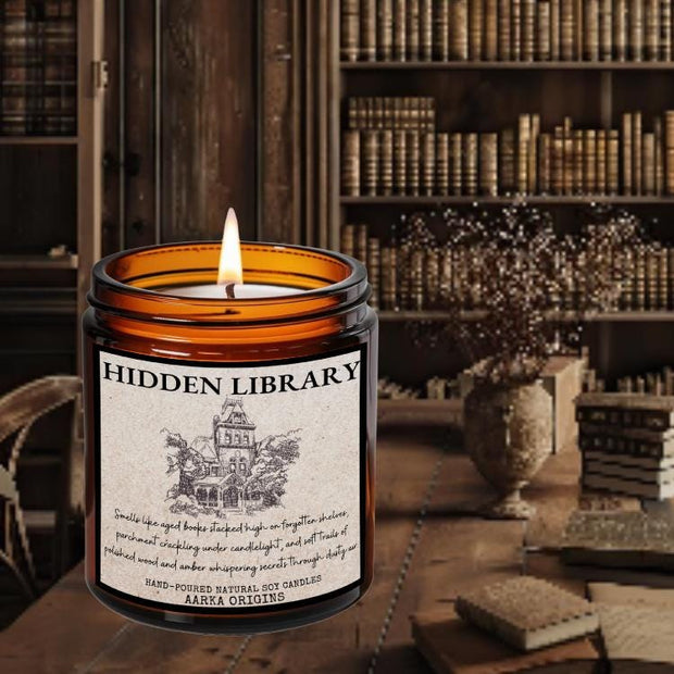 Hidden Library soy candle β leather, parchment and warmed library wood, hand-poured by Aarka Origins