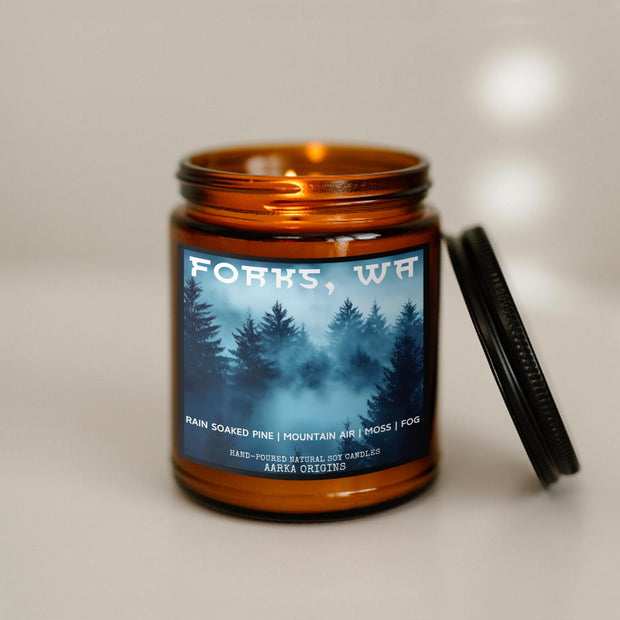 Forks, northwest soy candle, scented candle, home fragrances, greek mythology, goddess of , bookish candle, book lover candle, book nerd candle, literary candle gift, co worker gifts, small batch candle, eco friendly candle, amber jar candles, green witch, practical magic, vampire, gothic, fall scents, fall spice, fall candle, autumnal, twilight inspired, pine forest, pumpkin spice, halloween, spooky, haunted, ghost, witchy, booktok,dark academia, gift for witches, witchy gifts, witchcraft