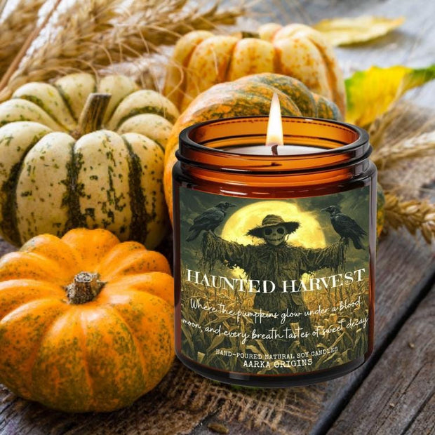 Haunted Harvest soy candle, horror, Halloween, Spooky Season, Fall, Autumn, salted popcorn, nerdy gift, bookish candles, gift for readers