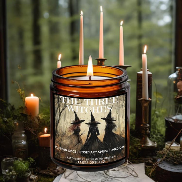 The Three Witches soy candle — Pumpkin spice, rosemary, aged oak — hand-poured fall bookish candle by Aarka Origins