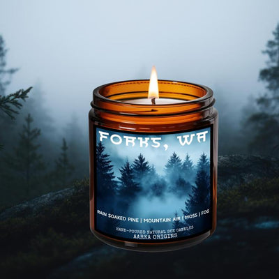 Forks, northwest soy candle, scented candle, home fragrances, greek mythology, goddess of , bookish candle, book lover candle, book nerd candle, literary candle gift, co worker gifts, small batch candle, eco friendly candle, amber jar candles, green witch, practical magic, vampire, gothic, fall scents, fall spice, fall candle, autumnal, twilight inspired, pine forest, pumpkin spice, halloween, spooky, haunted, ghost, witchy, booktok,dark academia, gift for witches, witchy gifts, witchcraft