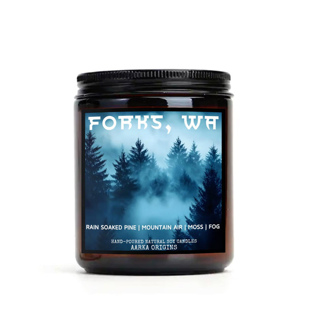 Forks, northwest soy candle, scented candle, home fragrances, greek mythology, goddess of , bookish candle, book lover candle, book nerd candle, literary candle gift, co worker gifts, small batch candle, eco friendly candle, amber jar candles, green witch, practical magic, vampire, gothic, fall scents, fall spice, fall candle, autumnal, twilight inspired, pine forest, pumpkin spice, halloween, spooky, haunted, ghost, witchy, booktok,dark academia, gift for witches, witchy gifts, witchcraft