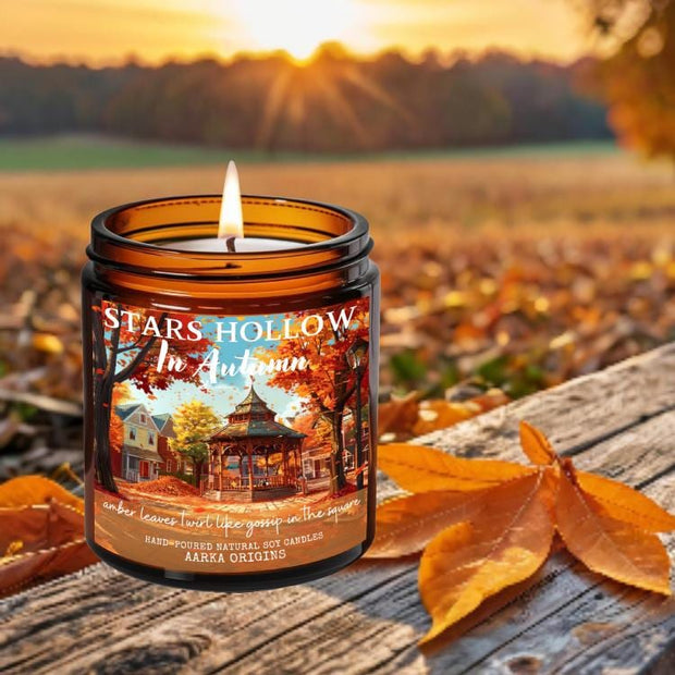 Stars Hollow in Autumn soy candle — Apples, berries, cinnamon, cedar — hand-poured fall bookish candle by Aarka Origins