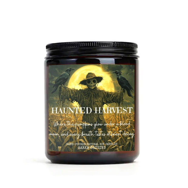 Haunted Harvest soy candle, horror, Halloween, Spooky Season, Fall, Autumn, salted popcorn, nerdy gift, bookish candles, gift for readers