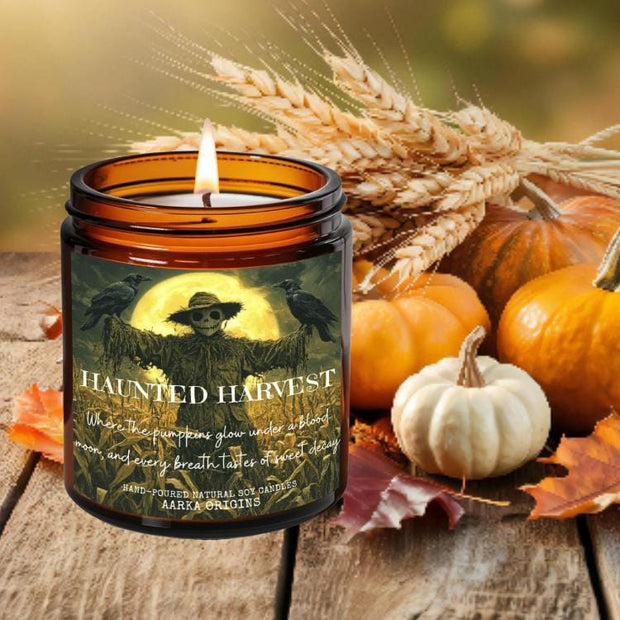 Haunted Harvest soy candle, horror, Halloween, Spooky Season, Fall, Autumn, salted popcorn, nerdy gift, bookish candles, gift for readers