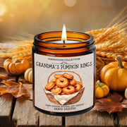 Grandma’s Pumpkin Rings Candle with rich scent notes of Warm Pumpkin Donuts Hand-poured in the USA with natural soy wax and phthalate-free, luxury fragrances.