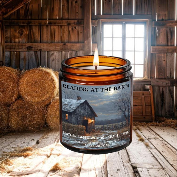 Reading at the barn, barn woods, memories, hay, farm, autumn, pumpkin spice, scented candle, home fragrances, greek mythology, bookish candle, book lover candle, book nerd candle, literary candle gift, co worker gifts, small batch candle, green witch, practical magic, vampire, gothic, fall spice, fall candle, autumnal, pumpkin spice, halloween, spooky, haunted, ghost, witchy, booktok,dark academia, gift for witches, witchy gifts, witchcraft, fall leaves, autumn, basic witch, kitchen witch