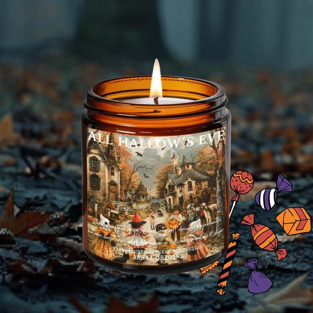 All Hallows Eve soy candle — Pumpkin donuts, sugar, spice — hand-poured fall bookish candle by Aarka Origins