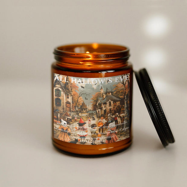 all hallows eve, scented candle, home fragrances, greek mythology, goddess of , bookish candle, book lover candle, book nerd candle, literary candle gift, co worker gifts, small batch candle, eco friendly candle, amber jar candles, green witch, practical magic, vampire, gothic, fall scents, fall spice, fall candle, autumnal, pumpkin spice, halloween, spooky, haunted, ghost, witchy, booktok,dark academia, gift for witches, witchy gifts, witchcraft, fall leaves, autumn, basic witch, kitchen witch
