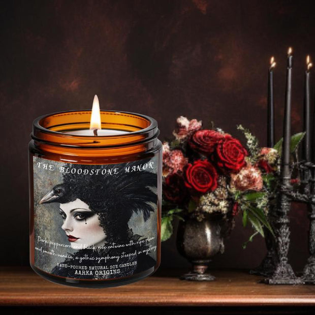 the bloodstone manor, scented candle, home fragrances, greek mythology, goddess of , bookish candle, book lover candle, book nerd candle, literary candle gift, co worker gifts, small batch candle, eco friendly candle, amber jar candles, green witch, practical magic, vampire, gothic, fall spice, fall candle, autumnal, pumpkin spice, halloween, spooky, haunted, ghost, witchy, booktok,dark academia, gift for witches, witchy gifts, witchcraft, fall leaves, autumn, basic witch, kitchen witch
