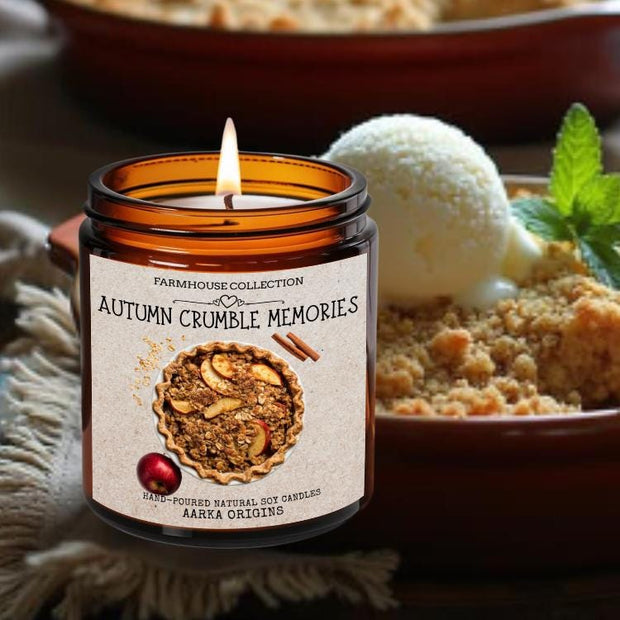 Autumn Crumble Memories Candle with rich scent notes of Apple, Cinnamon & Vanilla Hand-poured in the USA with natural soy wax and phthalate-free, luxury fragrances.