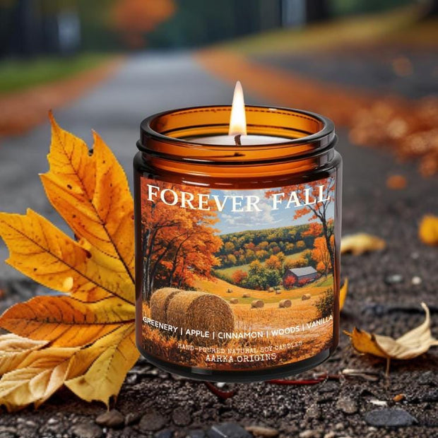 Forever Fall Soy Candle with rich scent notes of Apple, Cinnamon & Vanilla Hand-poured in the USA with natural soy wax and phthalate-free, luxury fragrances.
