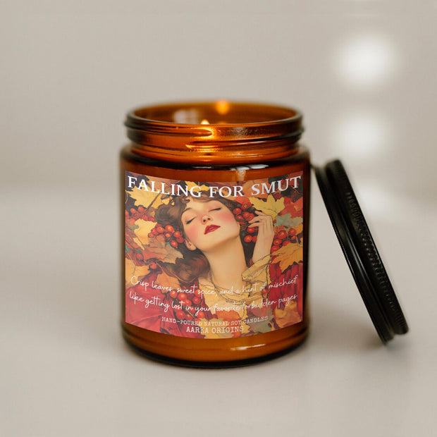 Falling for smut, smut era, romance readers, scented candle, home fragrances, bookish candle, book lover candle, book nerd candle, literary candle gift, co worker gifts, small batch candle, eco friendly candle, amber jar candles, green witch, practical magic, vampire, gothic, fall scents, fall spice, fall candle, autumnal, pumpkin spice, halloween, spooky, haunted, ghost, witchy, booktok,dark academia, gift for witches, witchy gifts, witchcraft, fall leaves, autumn, basic witch, kitchen witch