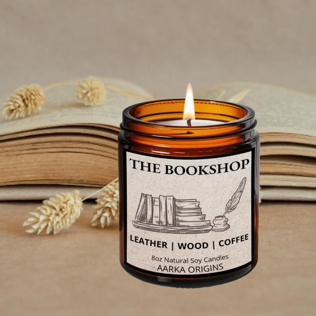 The Bookshop soy candle — leather, wood and coffee bookstore candle by Aarka Origins