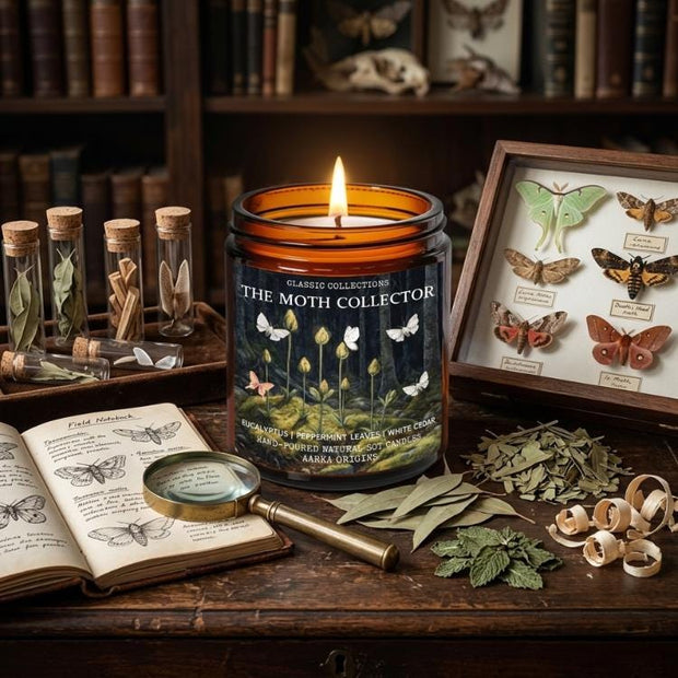 The Moth Collector soy candle — Eucalyptus, peppermint leaves, white cedar — hand-poured fall bookish candle by Aarka Origins