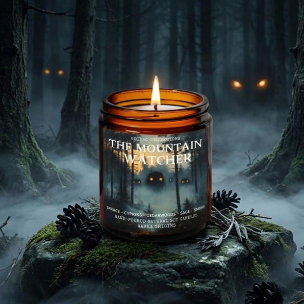 The Mountain Watcher soy candle — Mountain air, blue sage, cinnamon, fog, moss — hand-poured fall bookish candle by Aarka Origins