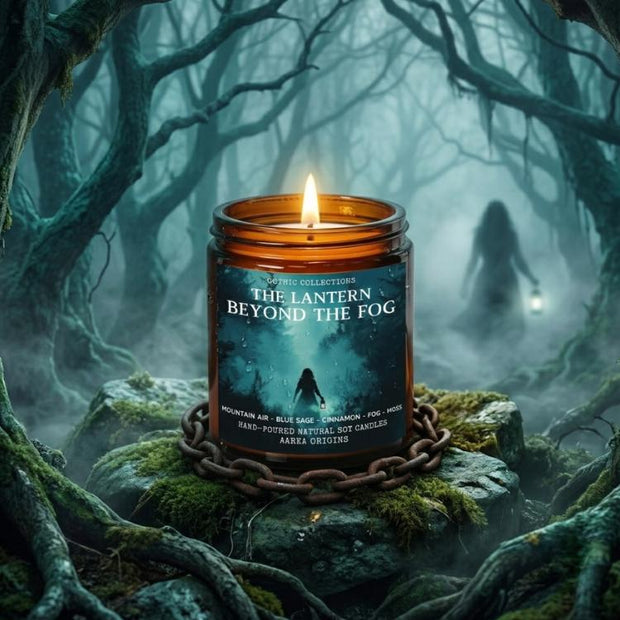 The Lantern Beyond the Fog soy candle — Mountain air, blue sage, cinnamon, fog, moss — hand-poured fall bookish candle by Aarka Origins
