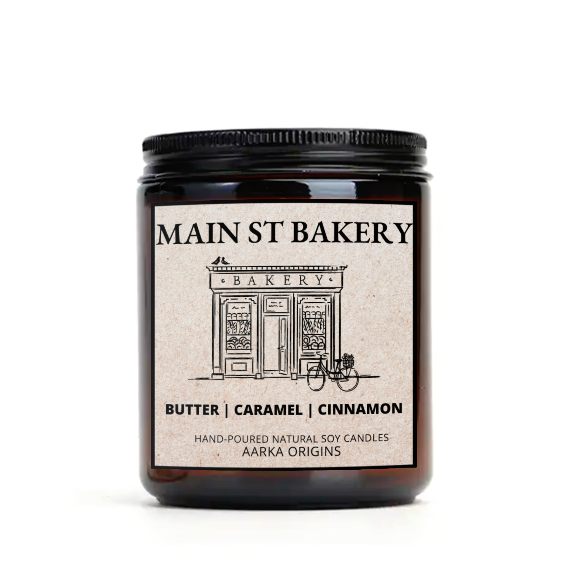Main Street Bakery candle by Aarka Origins, a bakery soy candle with butter, caramel and cinnamon notes