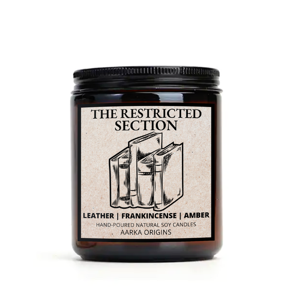 The Restricted Section soy candle β leather, frankincense and amber bookish scent by Aarka Origins